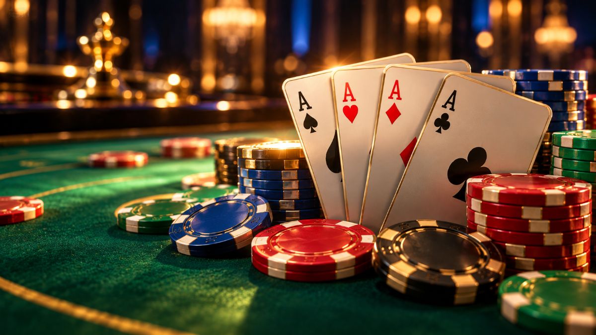 Ilustração original de cartas de jogar e fichas de casino sobre feltro verde