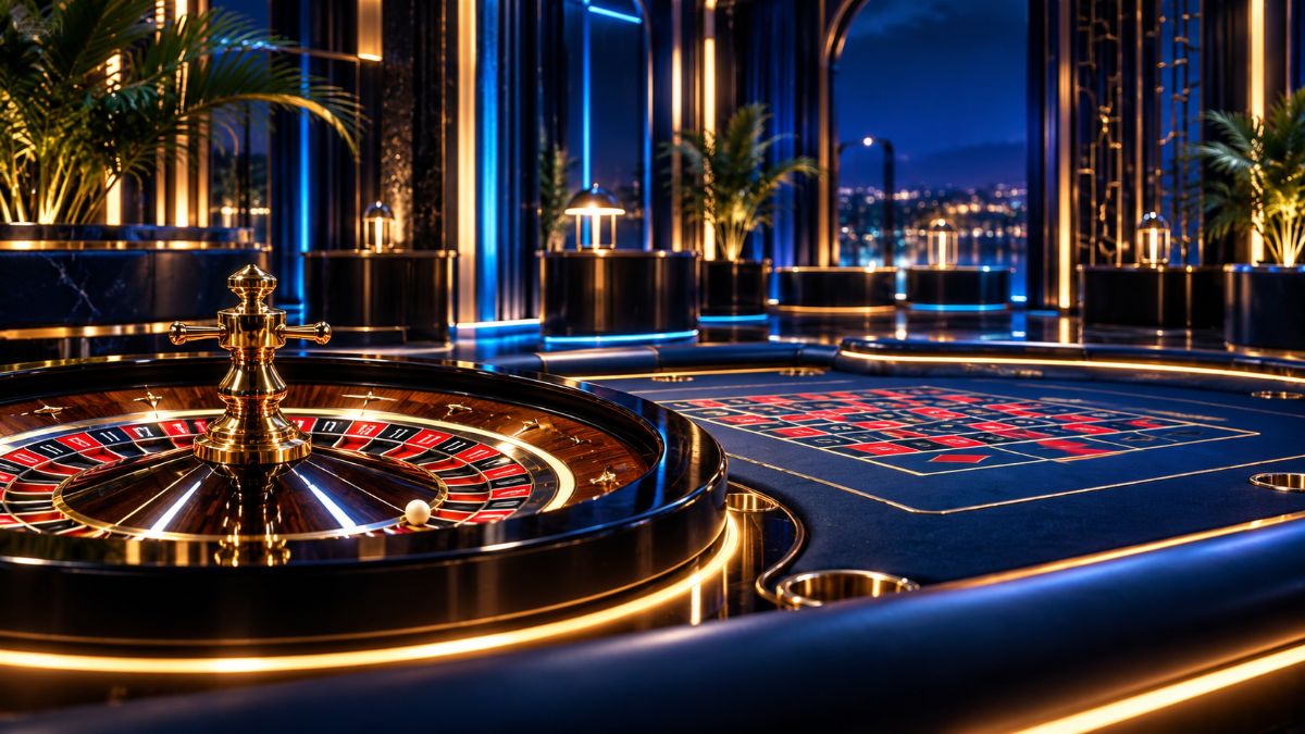 Ilustração original de um estúdio de casino ao vivo vazio, com mesa iluminada e luzes néon azuis