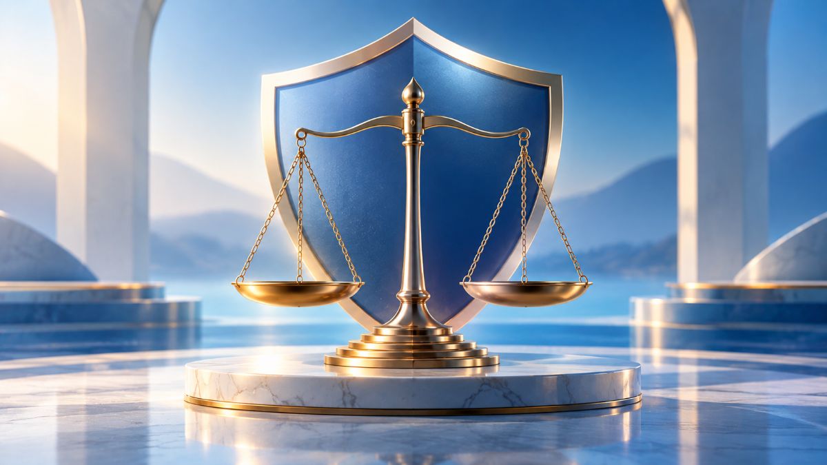 Ilustração original de uma balança da justiça junto a um escudo, em tons de azul