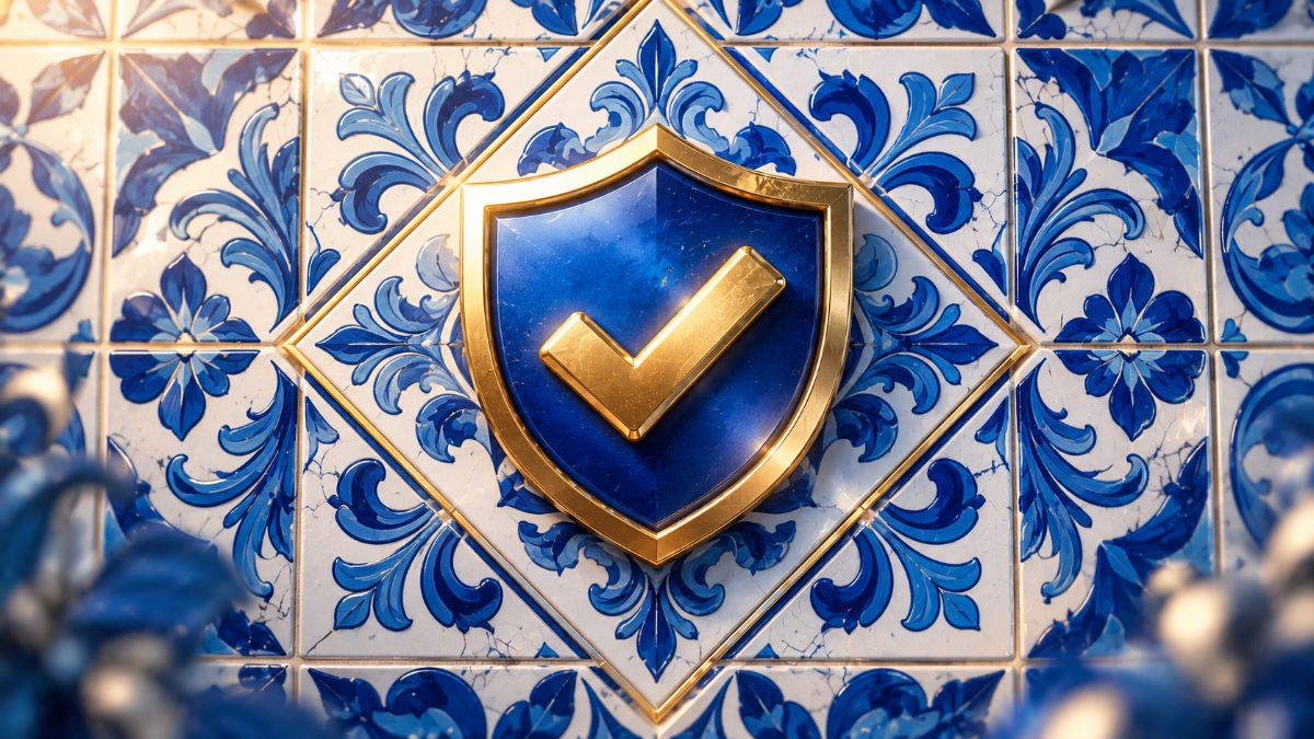 Ilustração original de um escudo com visto sobre um padrão de azulejo azul e branco