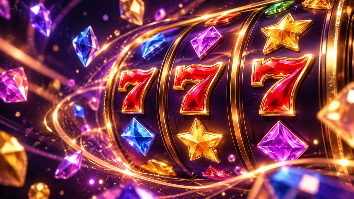 Ilustração original de rolos de slot luminosos com gemas coloridas e setes
