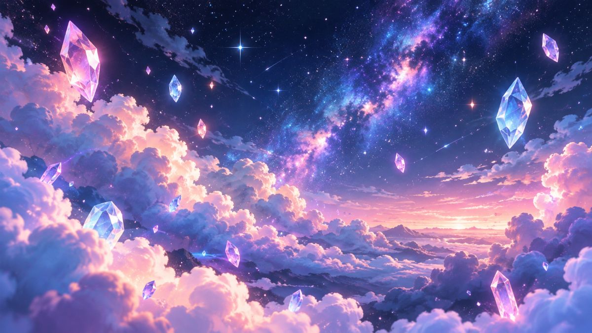 Ilustração original de um céu noturno com nuvens pastel, estrelas e cristais flutuantes em tons de rosa, azul e violeta